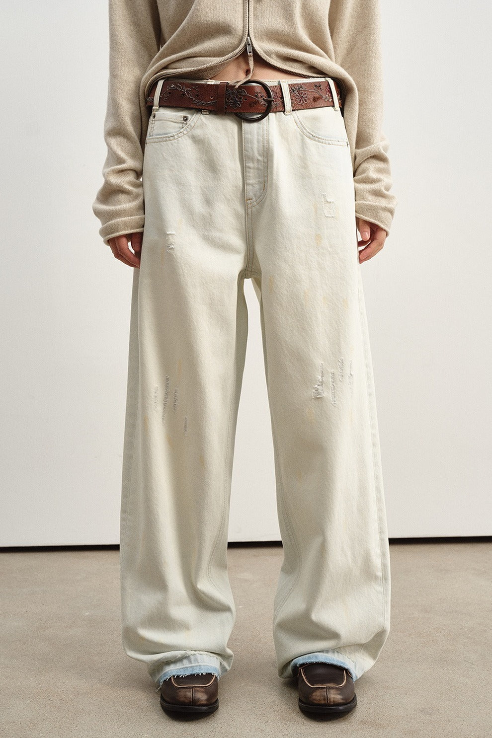 Cotton straight-leg frayed hem distressed jeans | 3 color