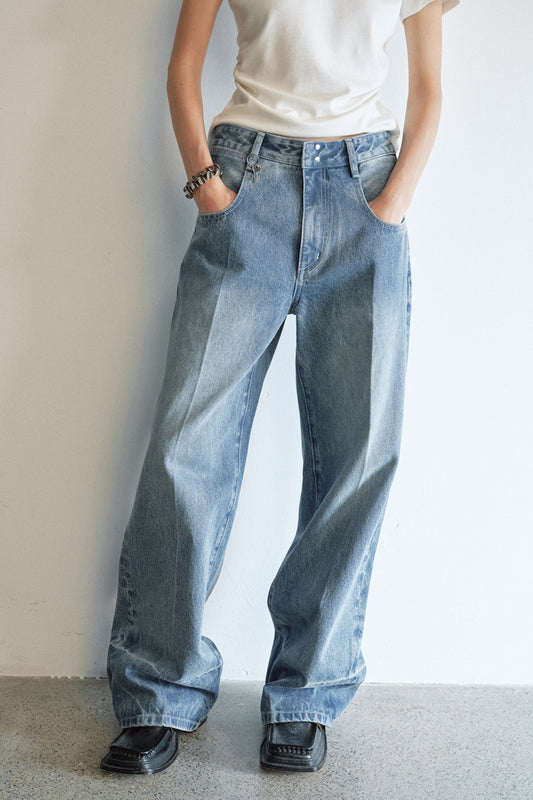 100% cotton straight-leg seams washed jeans | 2 color