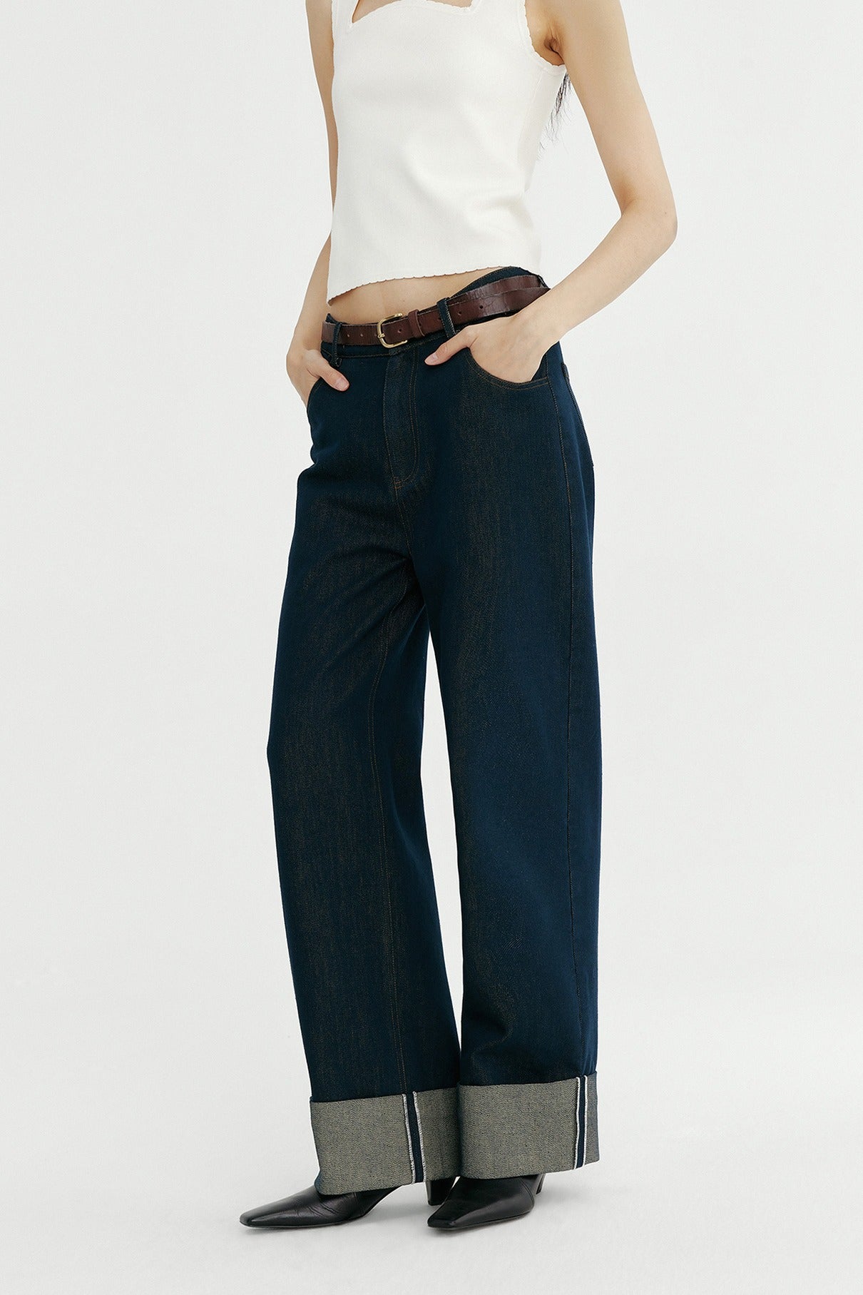 Cotton blend straight leg folded cuff jeans