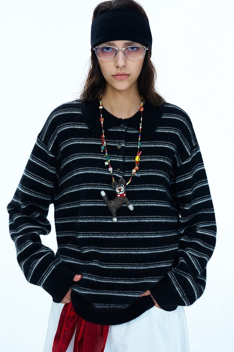 Wool blend loose-fit striped polo sweater | 4 color