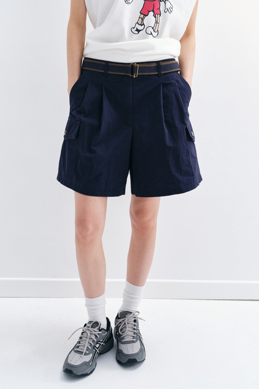 Cotton blend pockets shorts with a belt | 3 color