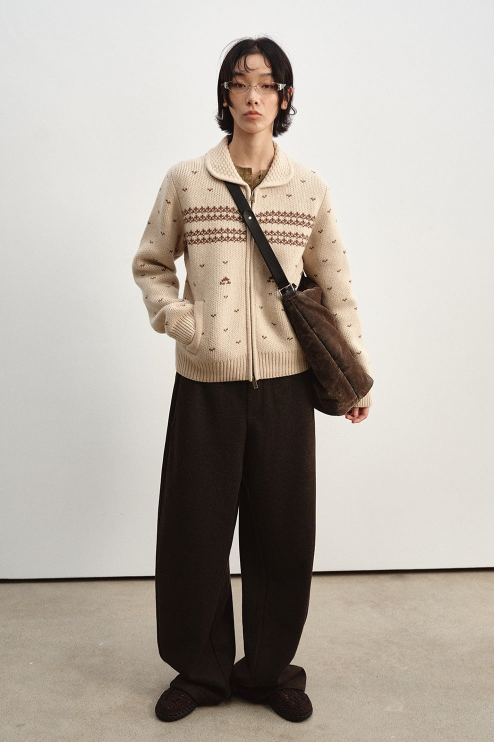 Wool jacquard pattern peter pan collar cardigan | 2 color