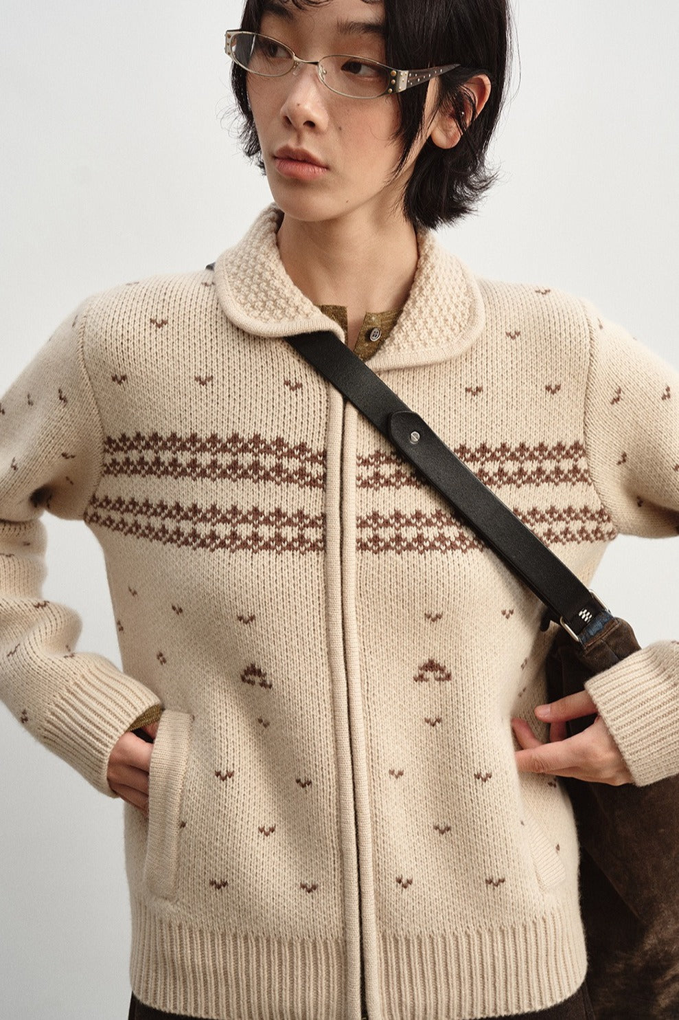 Wool jacquard pattern peter pan collar cardigan | 2 color
