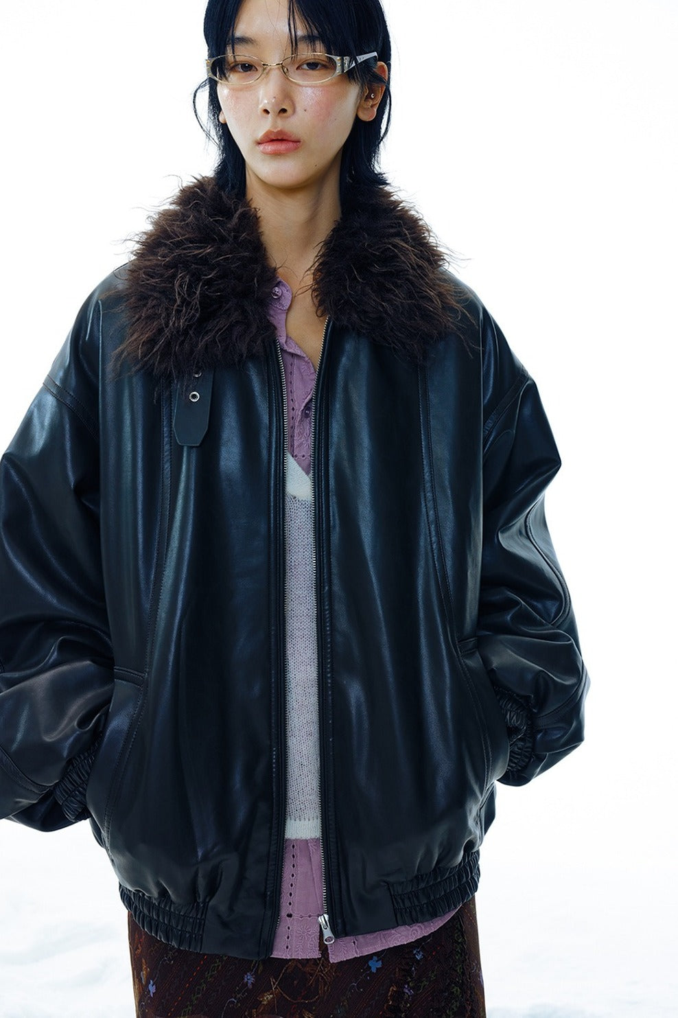 Relaxed-fit cozy collar trendy PU jacket | 2 color