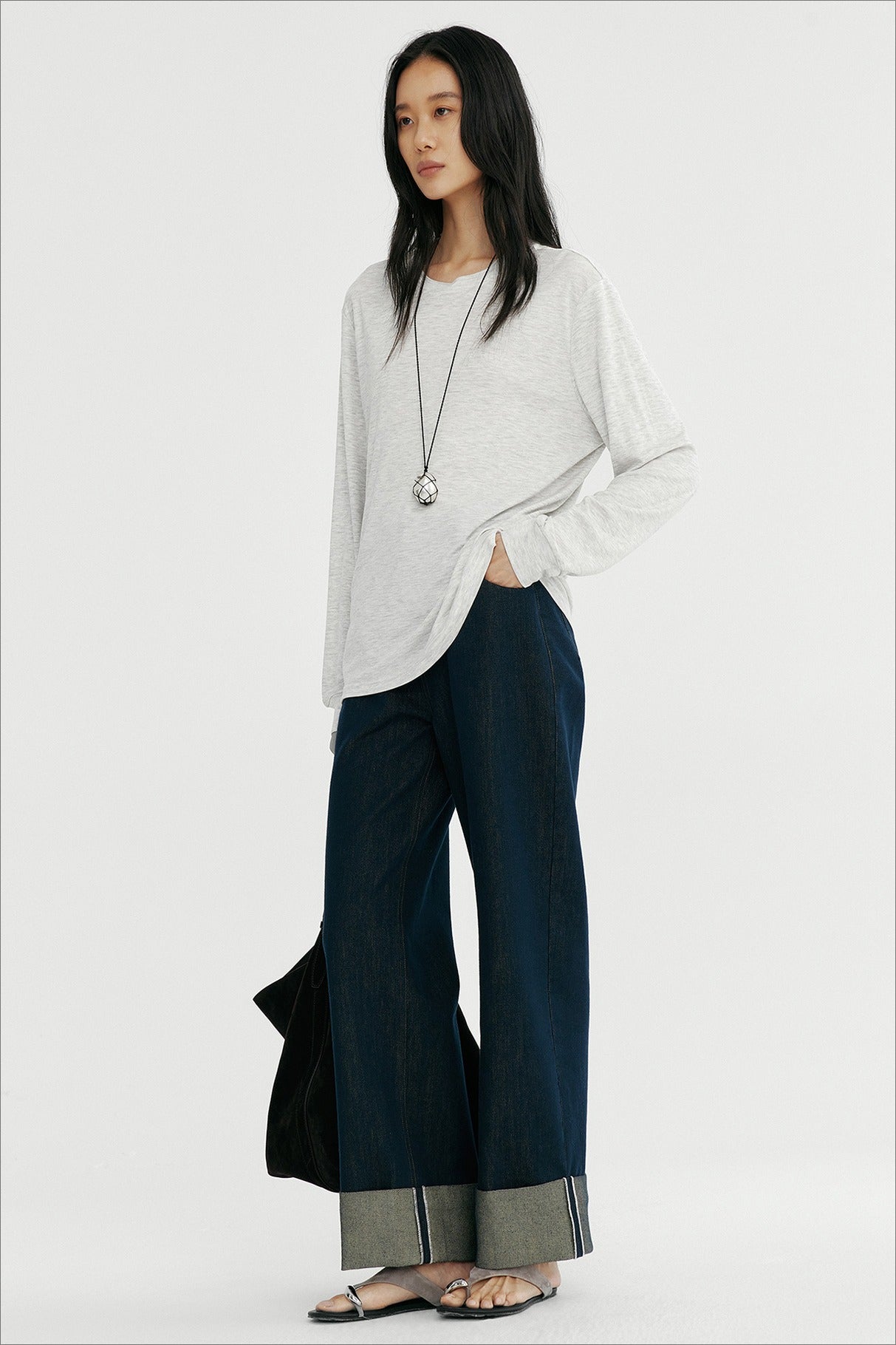 Cotton blend straight leg folded cuff jeans
