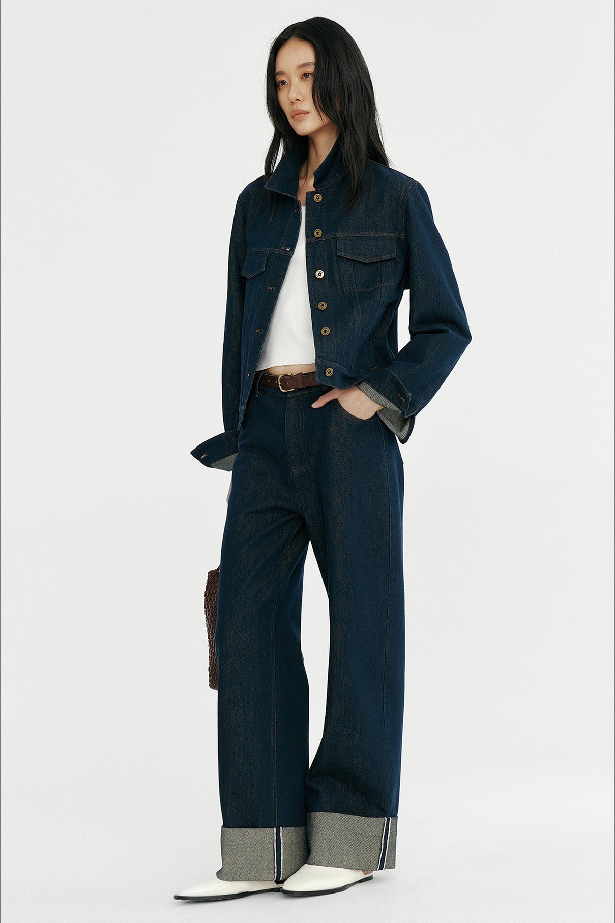 Cotton blend straight leg folded cuff jeans