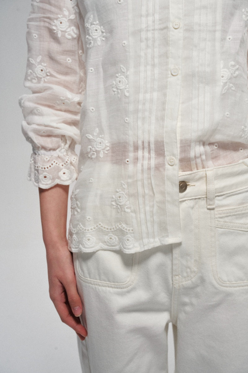 Chemise décontractée 100 % ramie avec découpes brodées