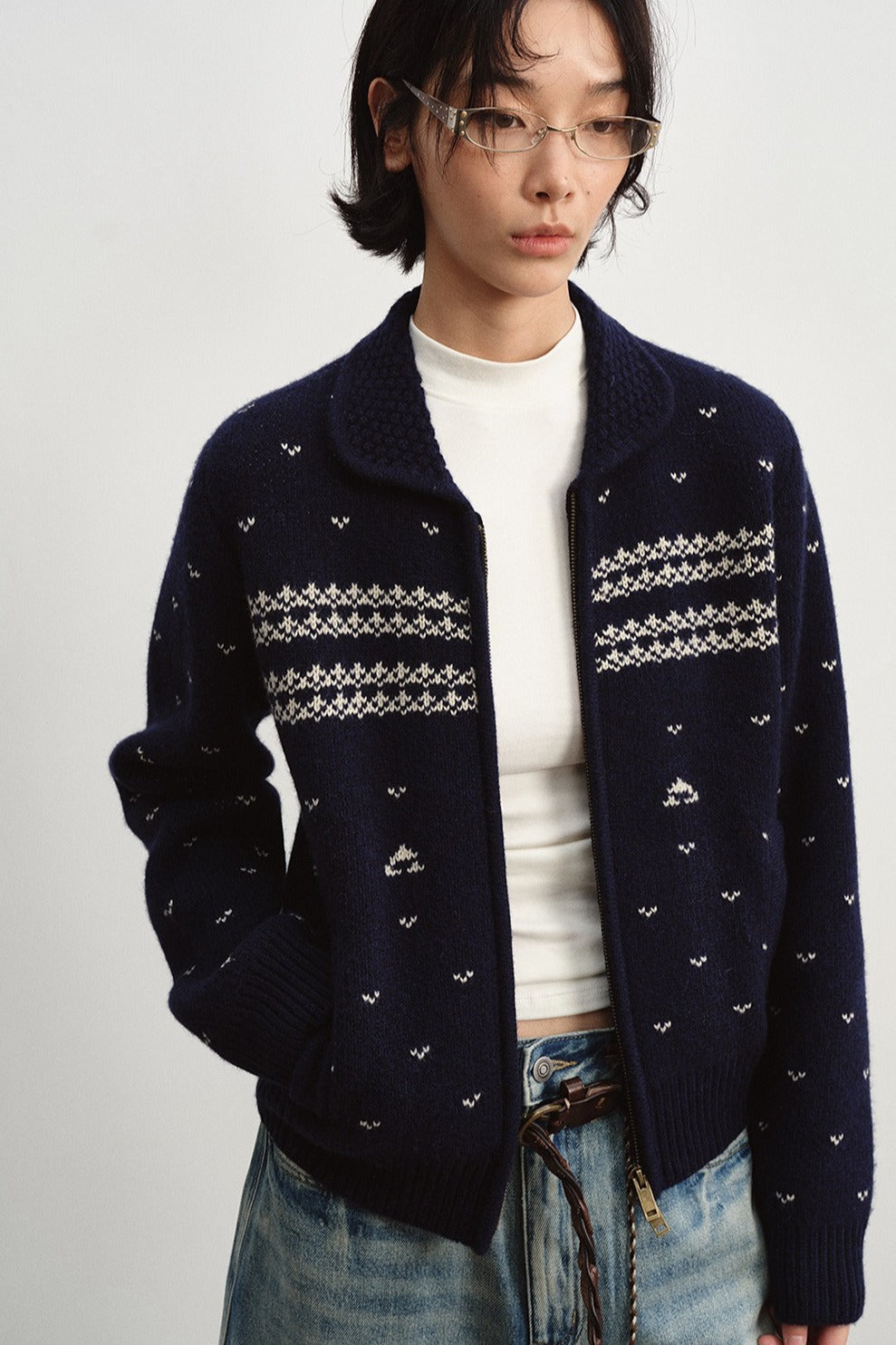 Wool jacquard pattern peter pan collar cardigan | 2 color
