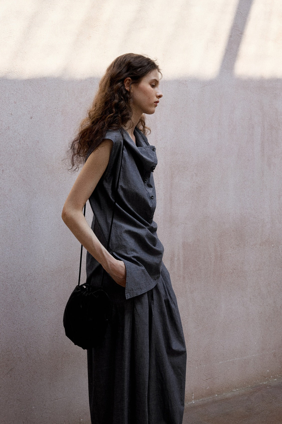 Cotton blend linen diagonal front vest shirt | 2 color