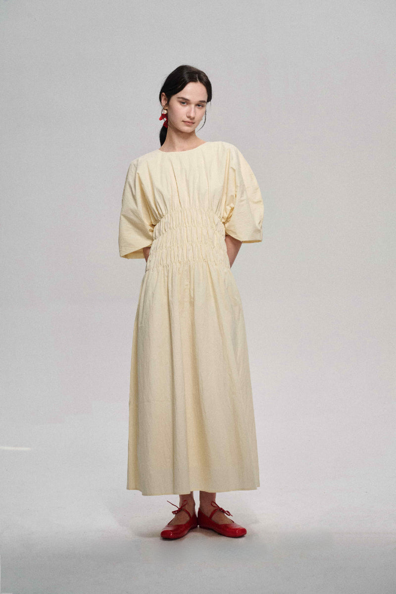 Customizable Pleated waist puff-sleeved dress | 2 color