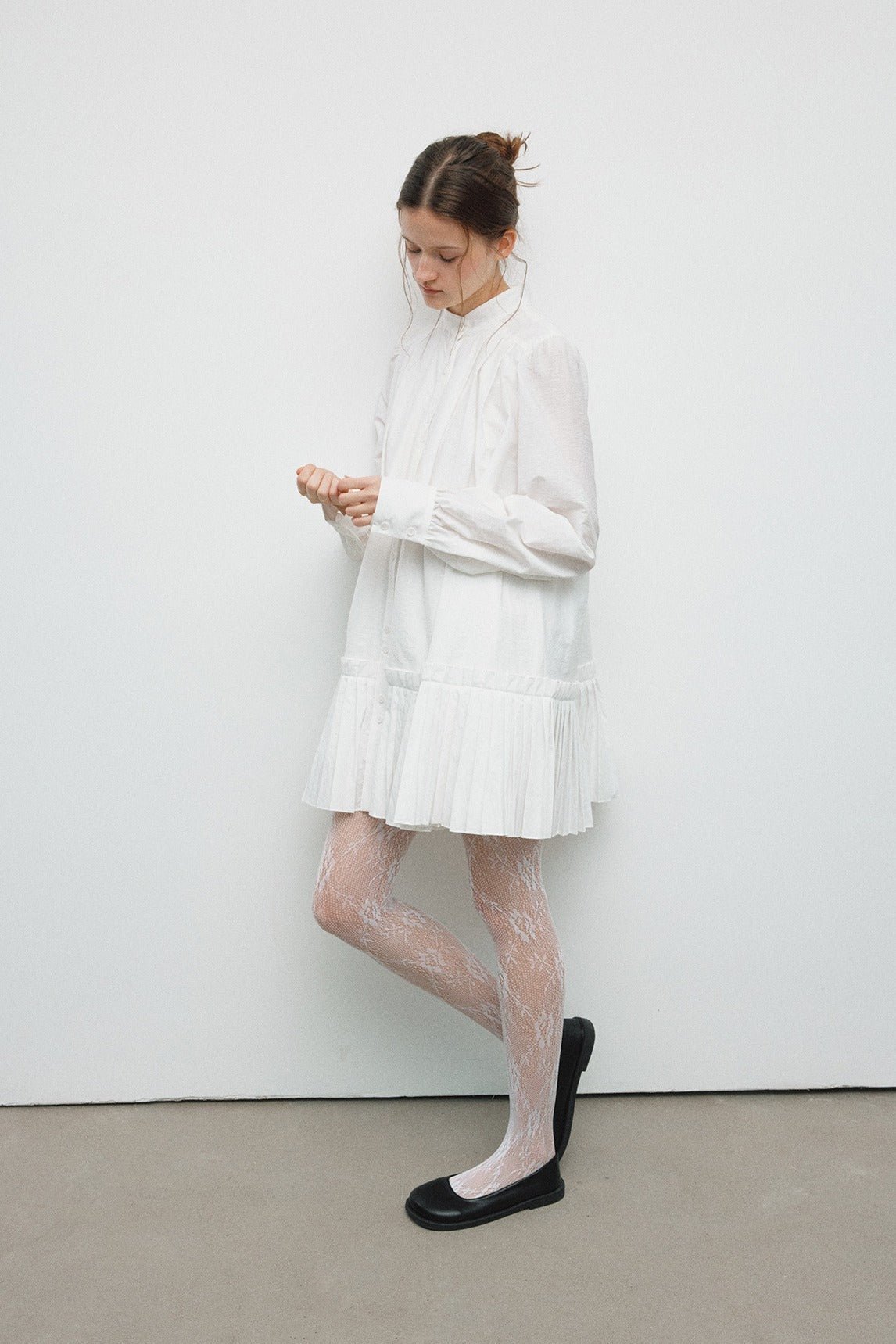 Cotton blend mid-length pleated tail dress | 4 color
