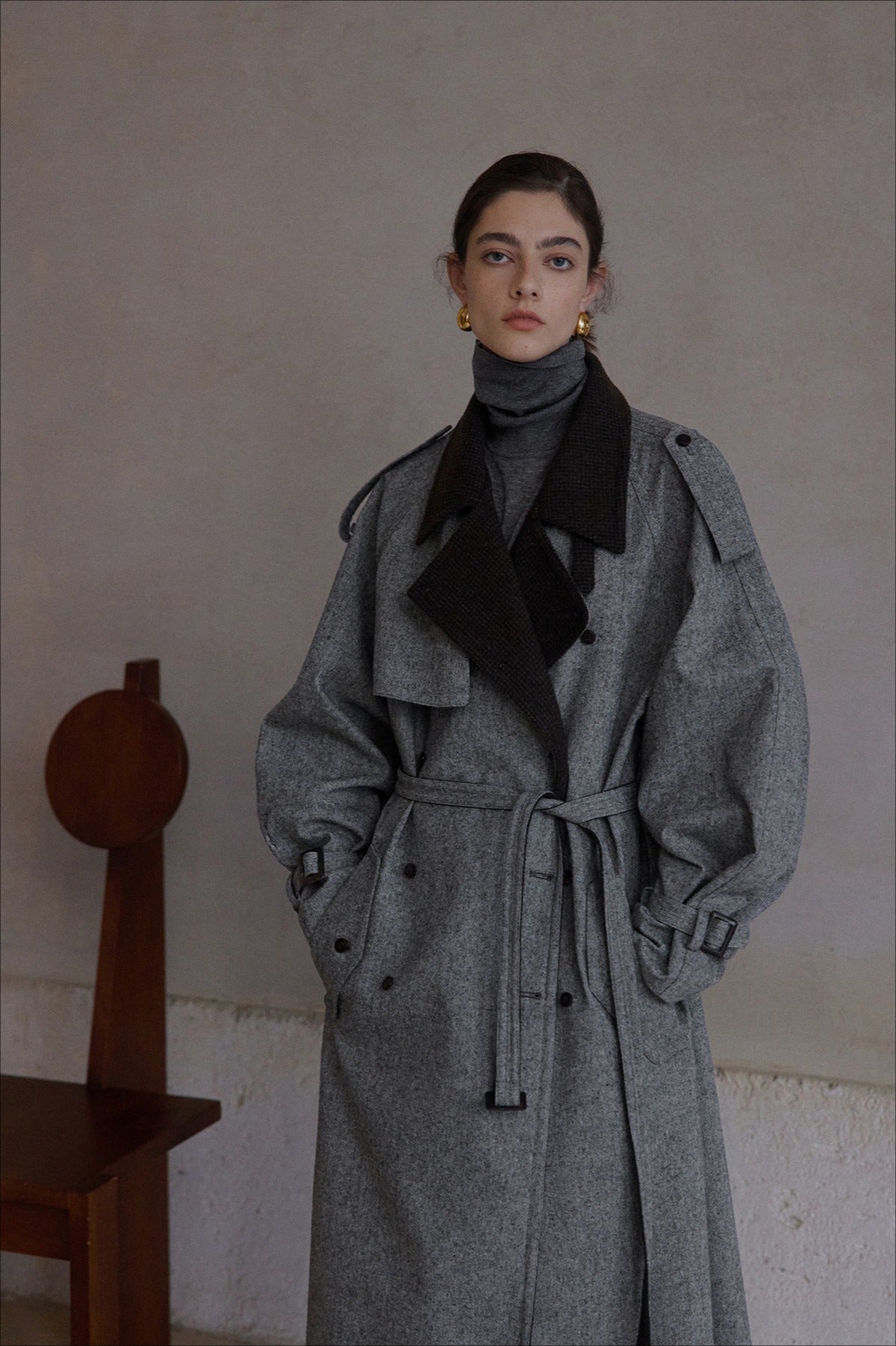 Wool blend contrasting lapel gabardine trench coat | 2 color