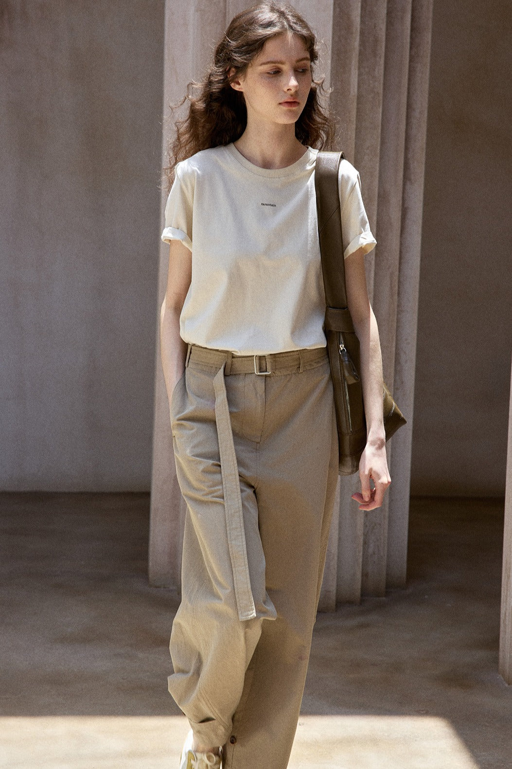 Cotton blend comfortable straight-leg pants with a belt | 3 color