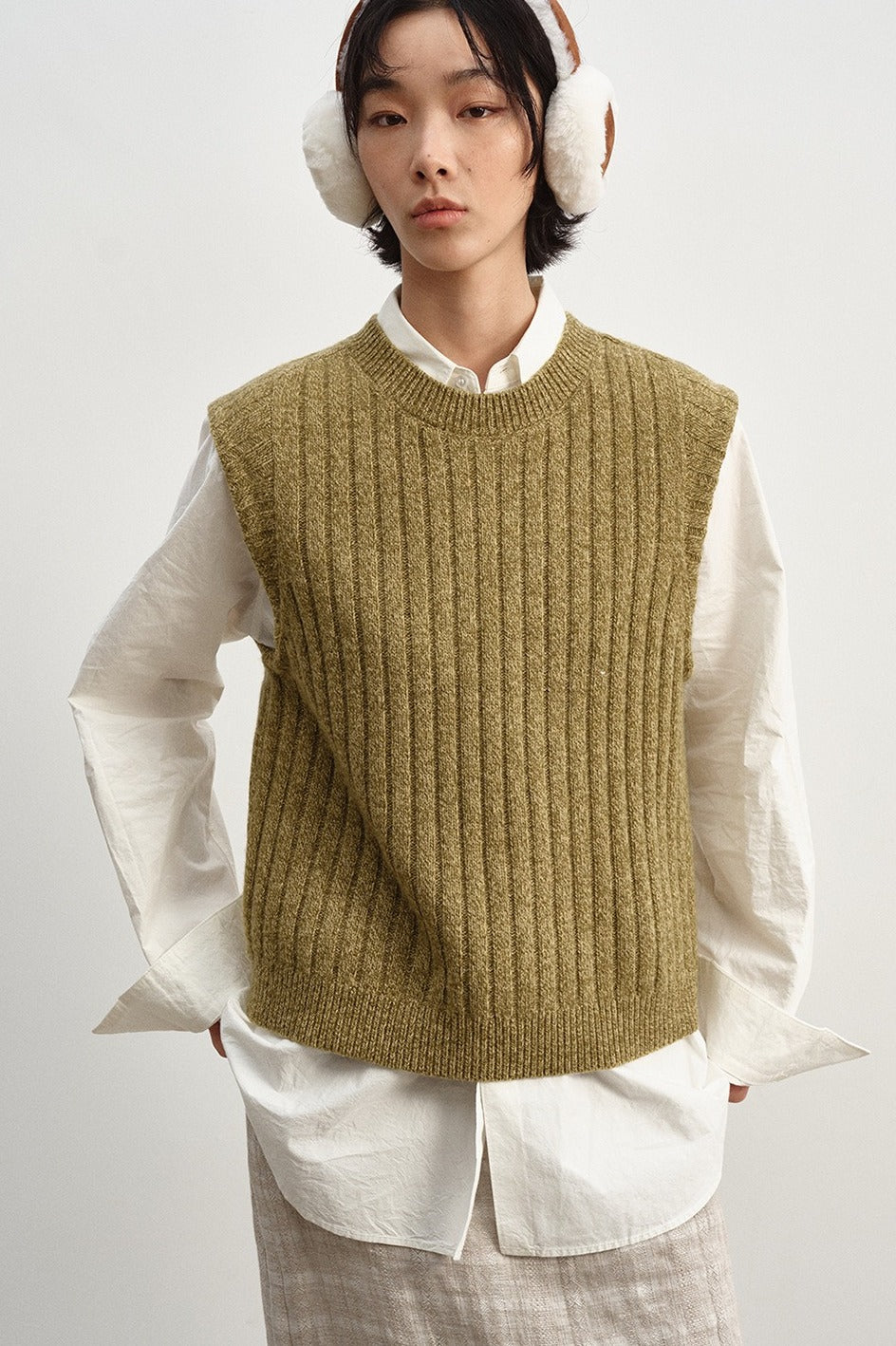100% wool chunky texture rib vest | 4 color