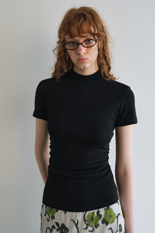 Cotton blend semi-high neck waisted t-shirt | 5 color