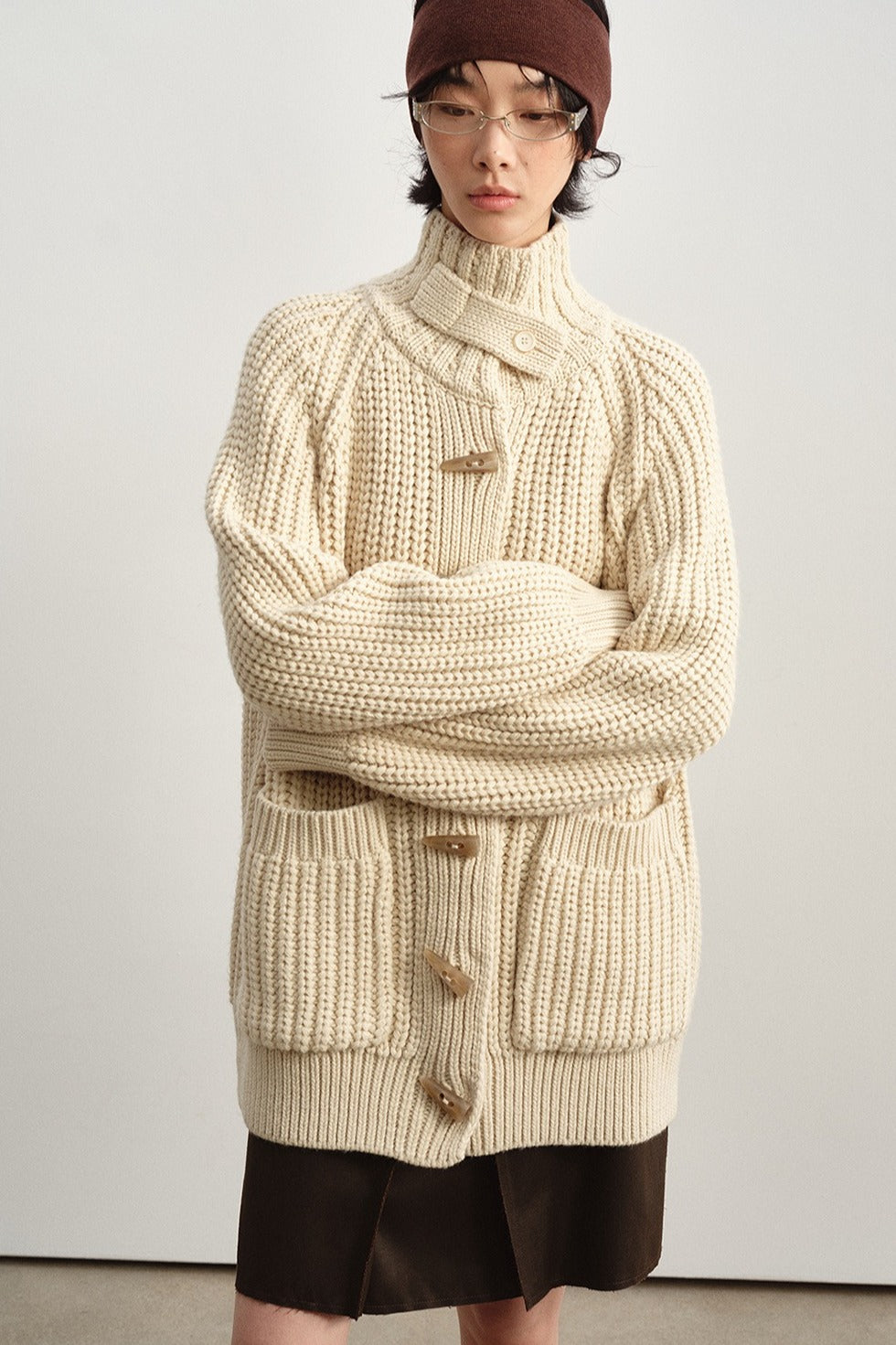 Chunky knit horn buttons mid-length cardigan | 4 color