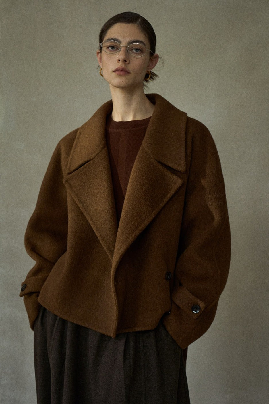 Wool-silk-camel hair cropped jacket with a belt | 3 color