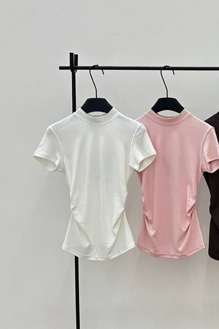 Cotton blend semi-high neck waisted t-shirt | 5 color