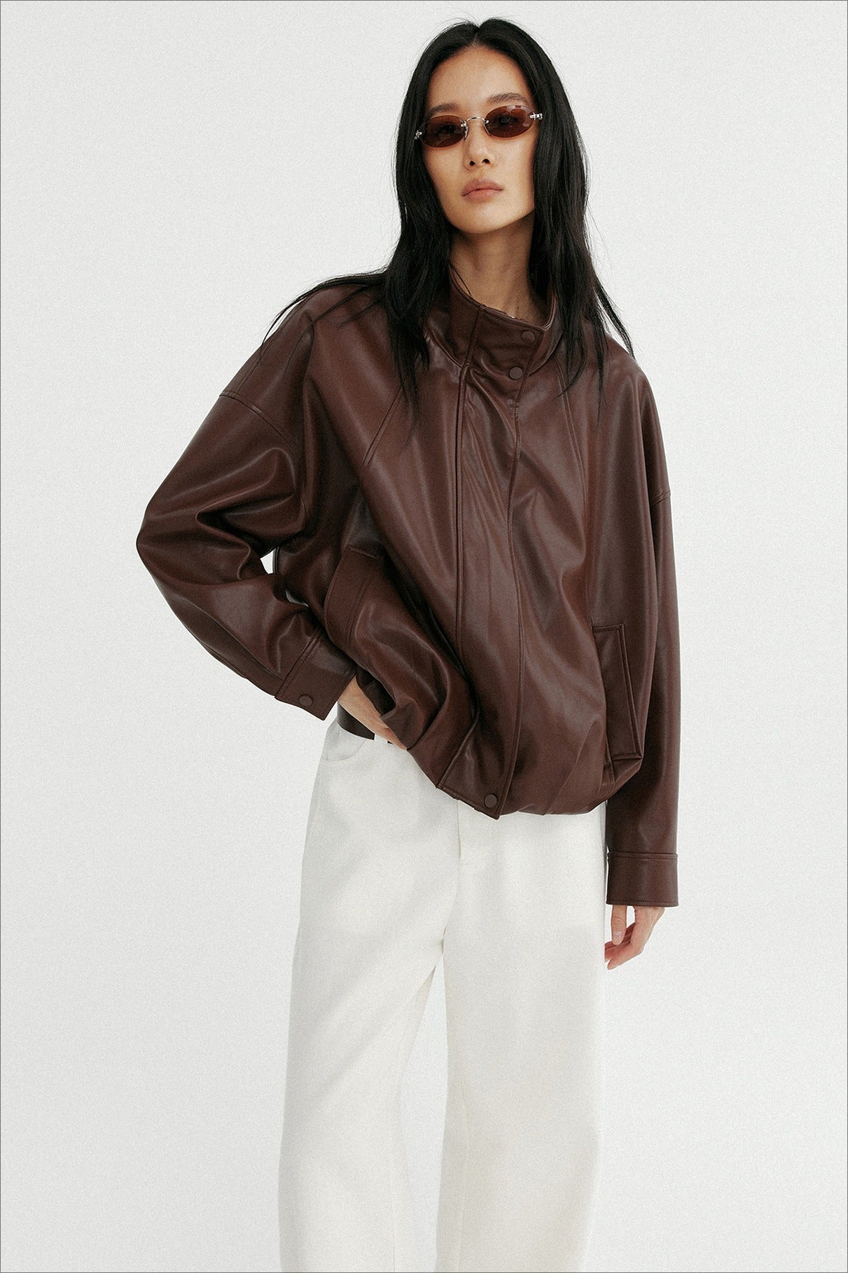 Matte-finish cropped PU jacket | 2 color
