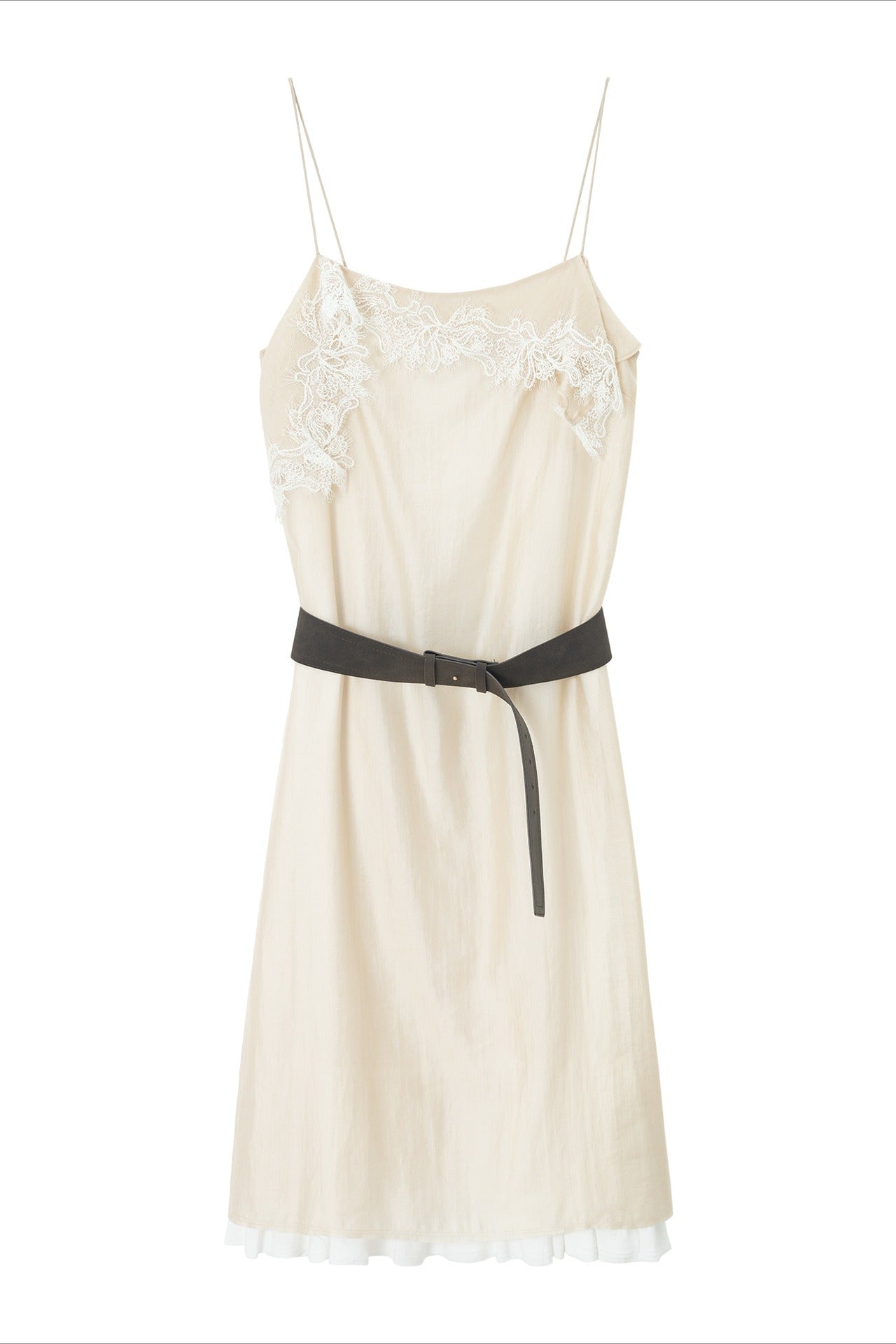 Lightweight lace trim raw-edge elegant dress with a belt
