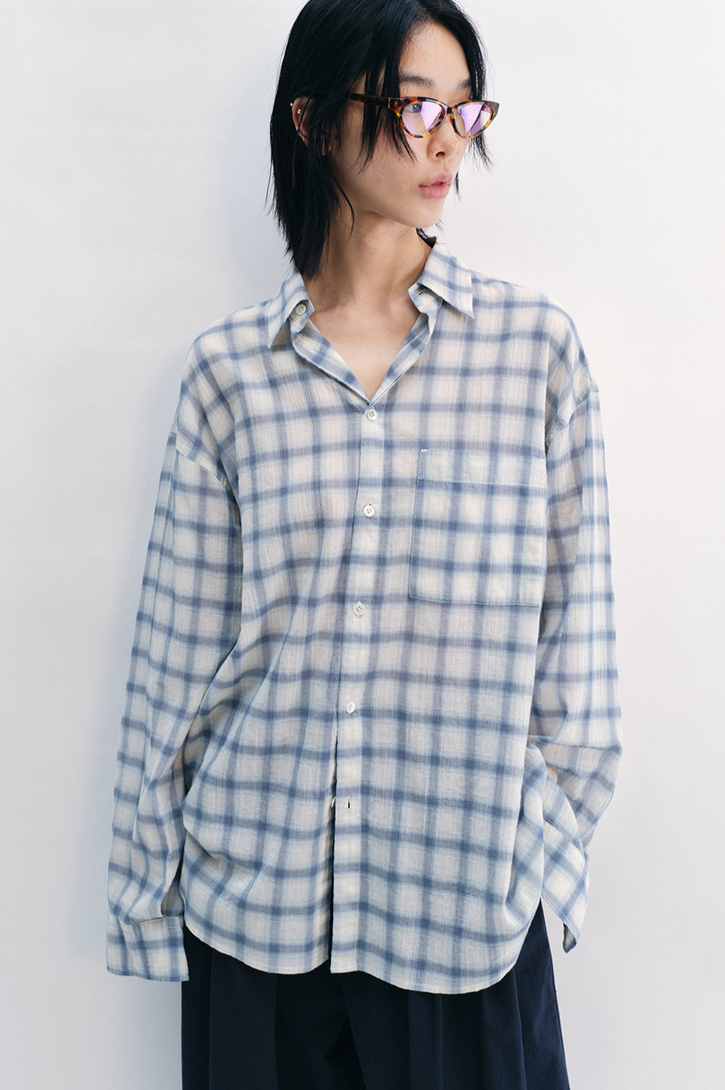 Cotton blend lightweight plaid shirt | 2 color