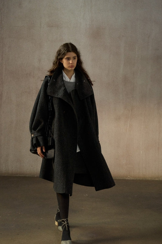 Wool-silk-angora relaxed fit stand collar mid-length coat