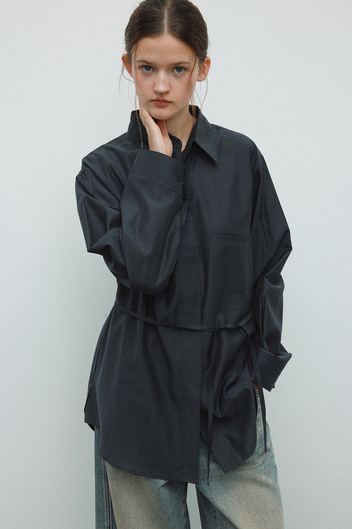 Lyocell blend semi-sheer mid-length shirt | 5 color