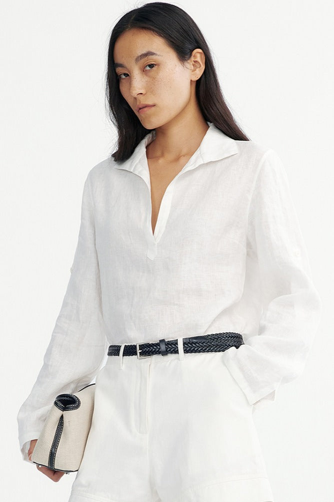 Hemp clean fit half-placket V-neck shirt | 2 color