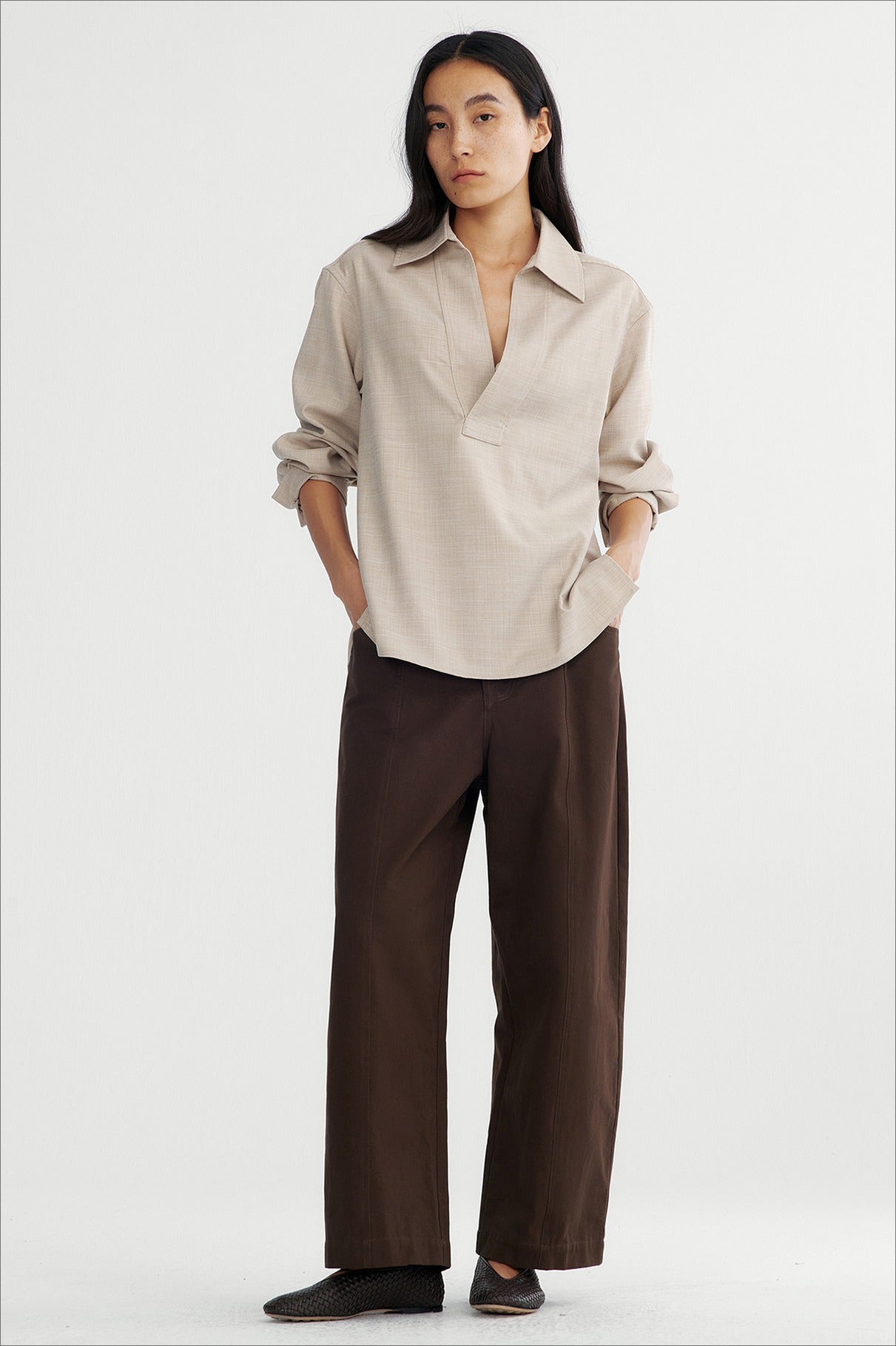 Fluid drape V-neck casual shirt | 2 color