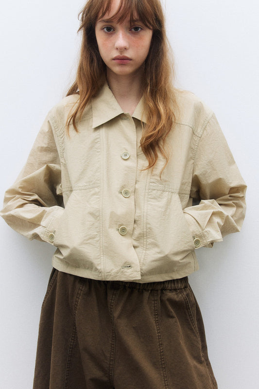 Cotton blend paper-touch fabric cropped throw-on shirt jacket | 3 color