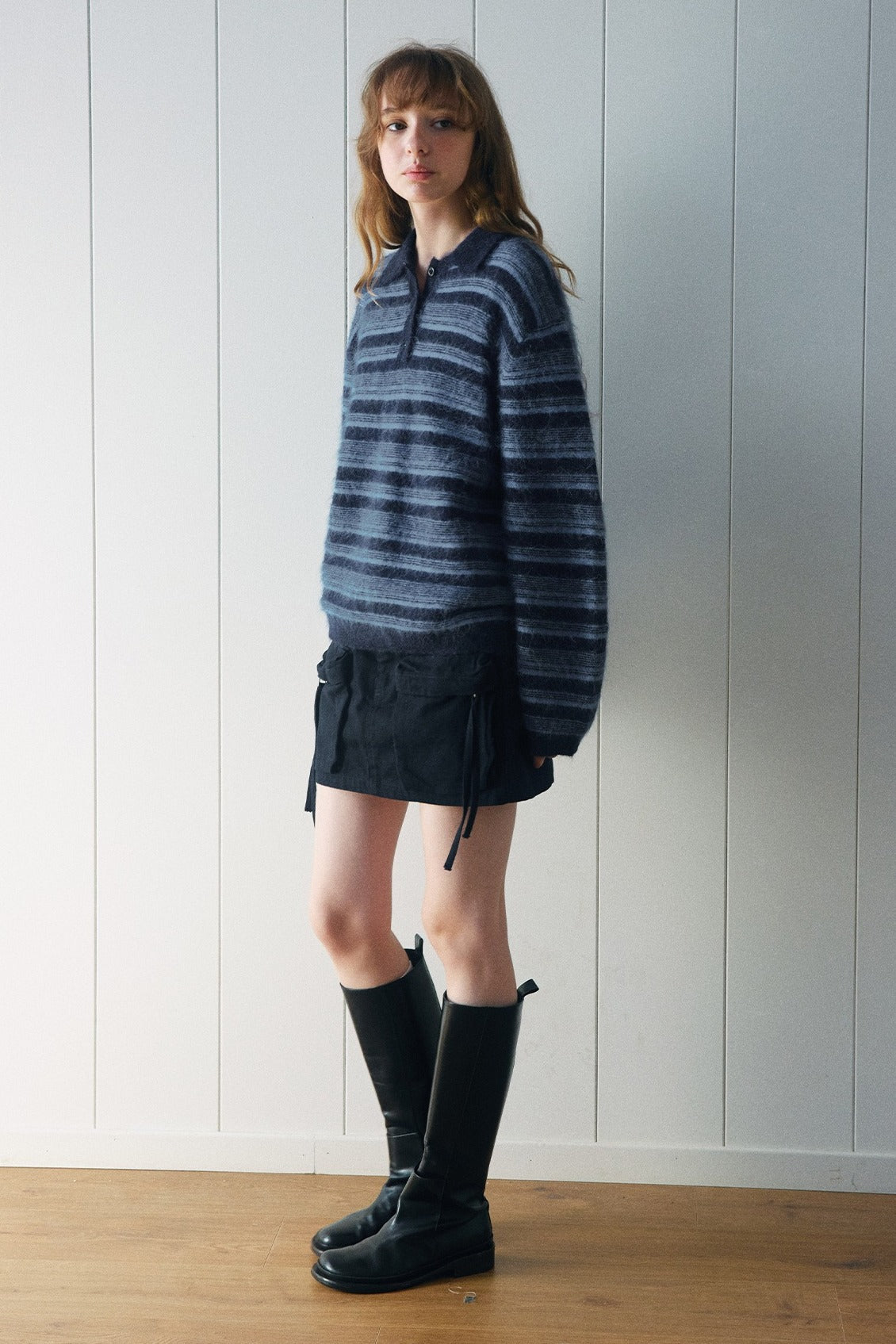 Alpaca blend striped long-hair polo sweater | 4 color