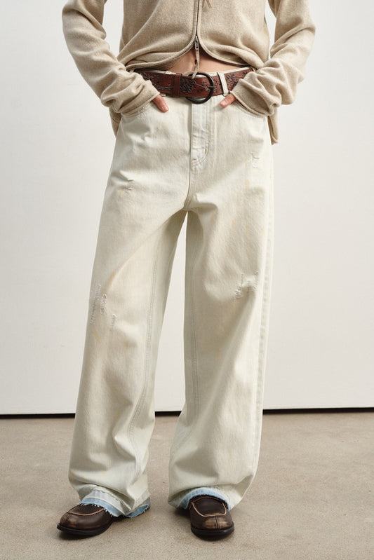 Cotton straight-leg frayed hem distressed jeans | 3 color