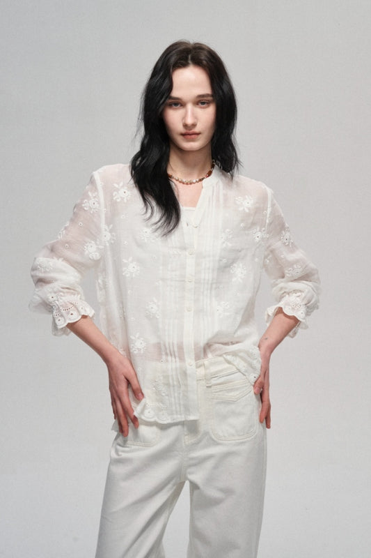 100% ramie embroidered cutouts casual shirt