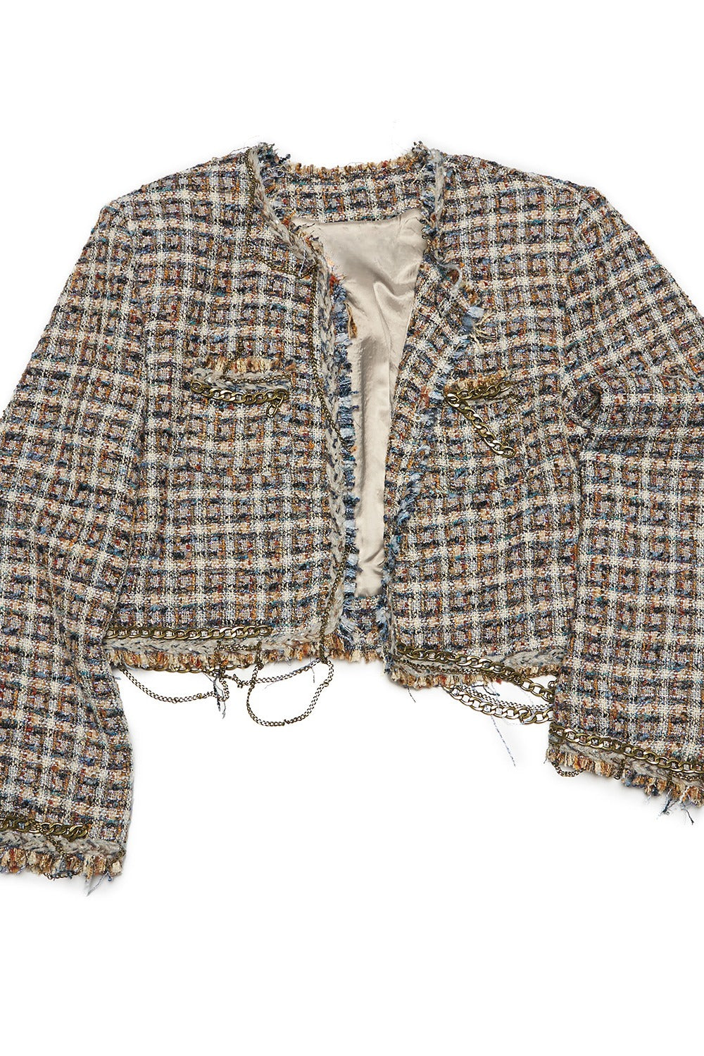 Chaqueta corta de tweed con borde irregular y ribete de cadena | 2 colores