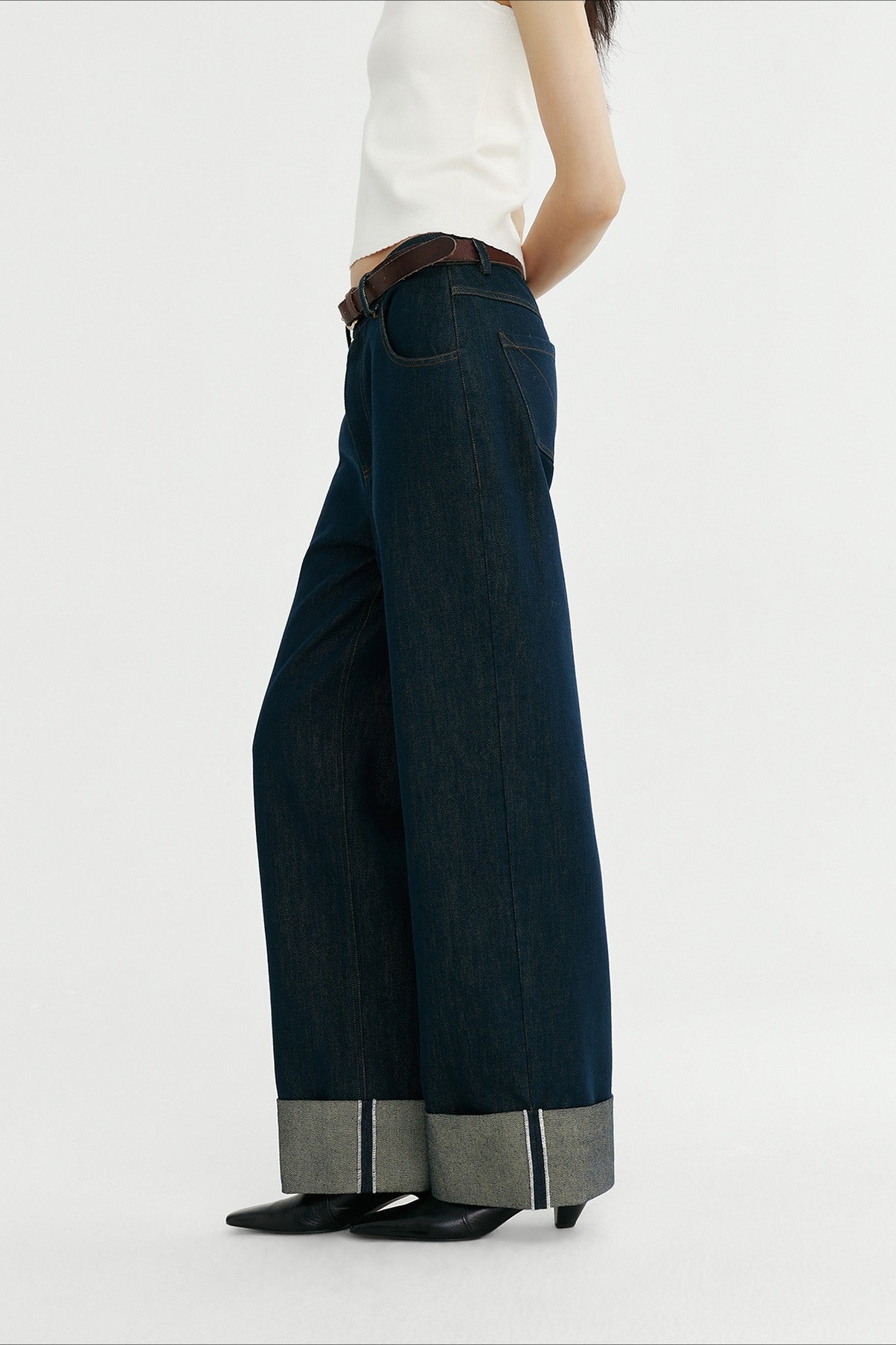 Cotton blend straight leg folded cuff jeans