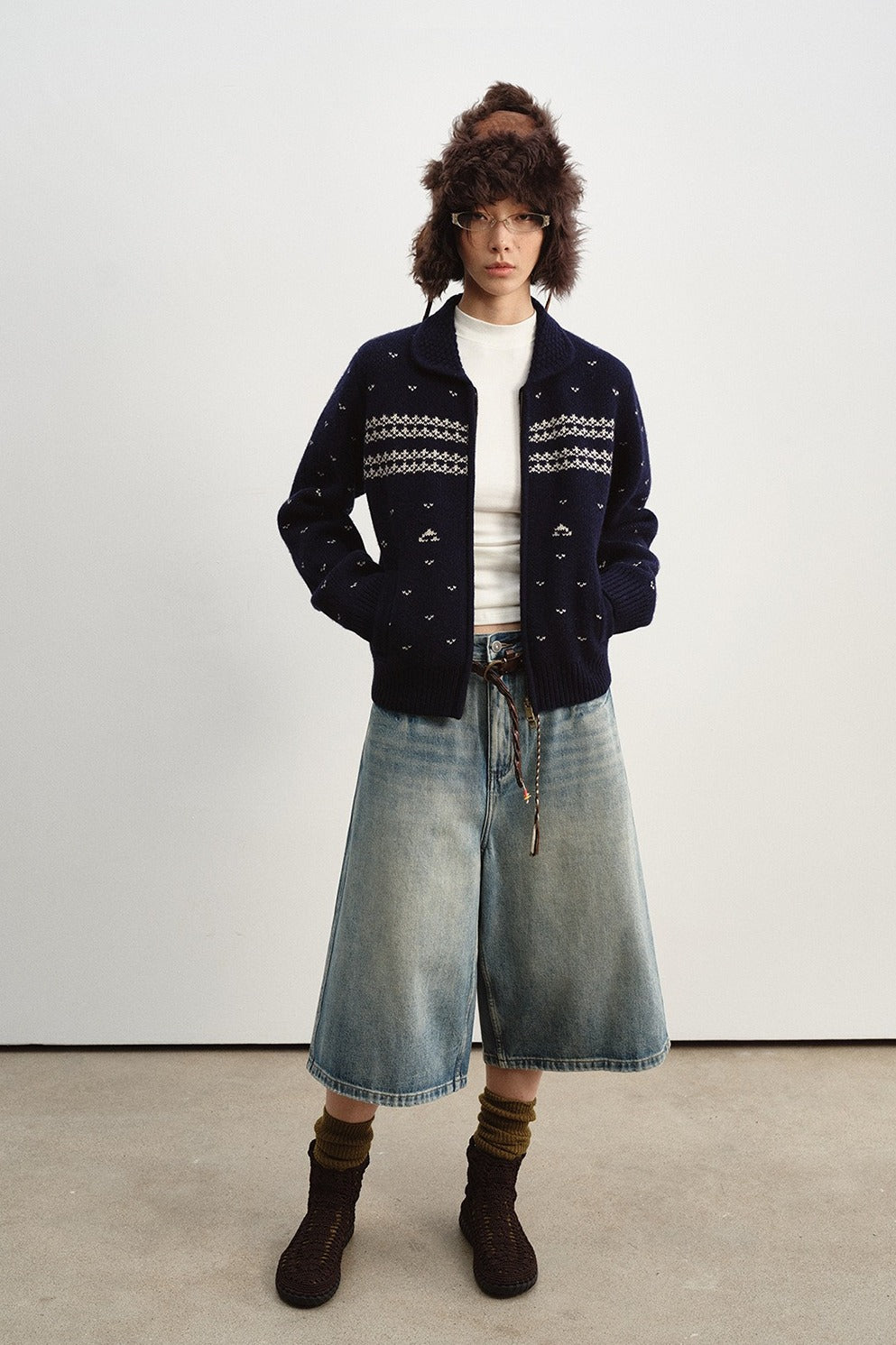 Wool jacquard pattern peter pan collar cardigan | 2 color