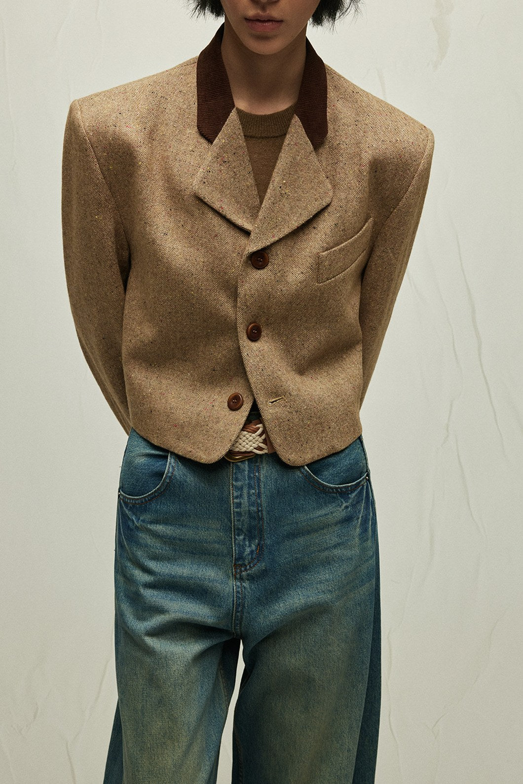 Wool blend patchwork cropped jacket | 2 color
