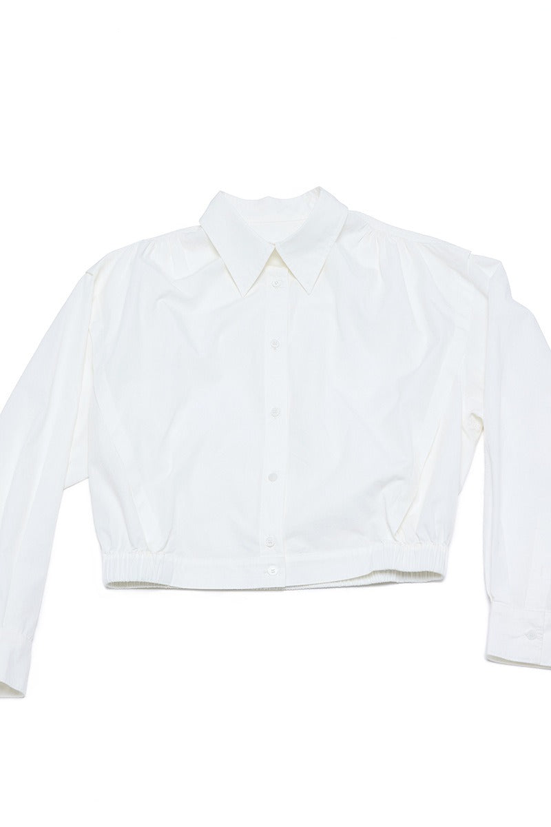 Cotton blend cropped elastic waist shirt jacket | 3 color