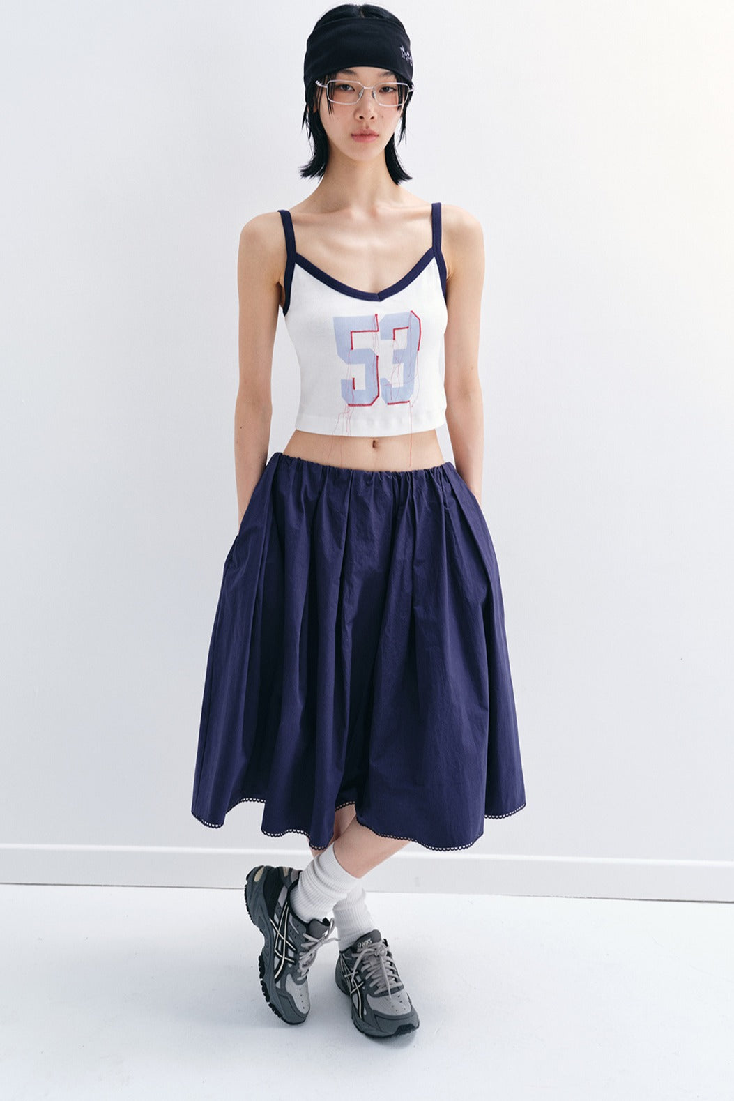 Textured cotton midi skirt with lace trim | 4 color