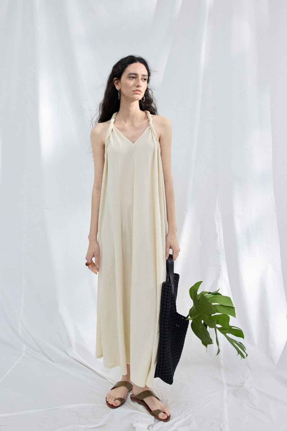 Cotton blend twisted ribbon backless dress | 3 color