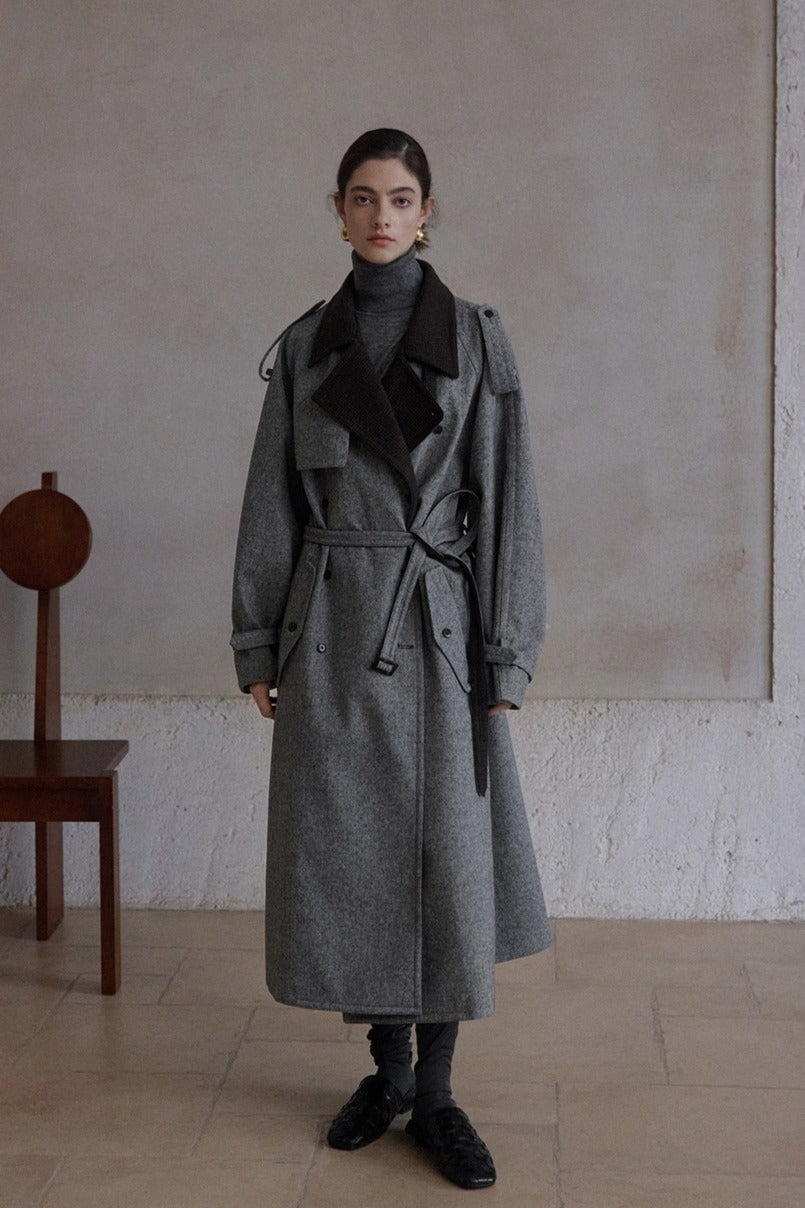 Wool blend contrasting lapel gabardine trench coat | 2 color