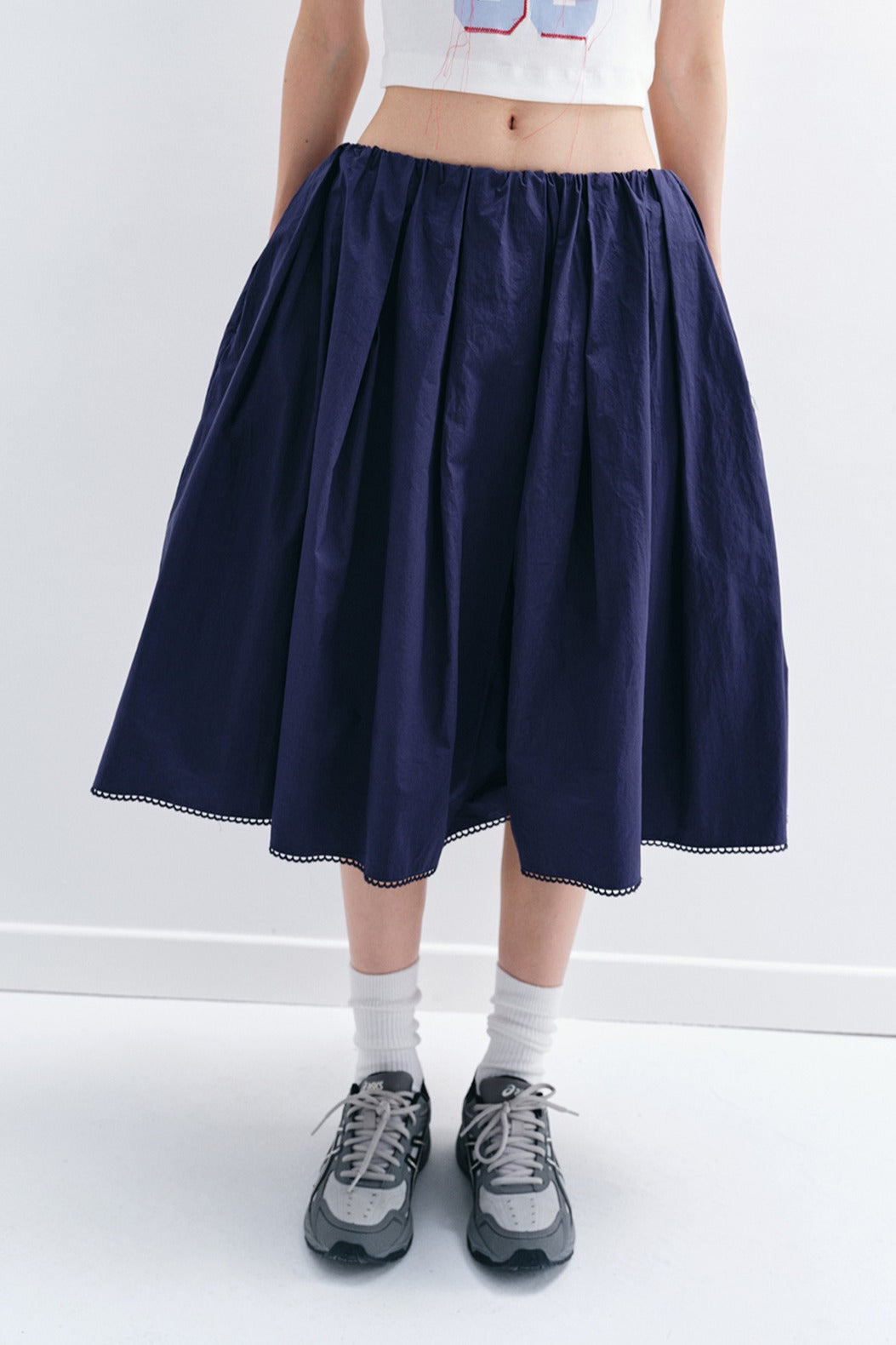 Textured cotton midi skirt with lace trim | 4 color