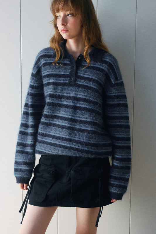 Alpaca blend striped long-hair polo sweater | 4 color