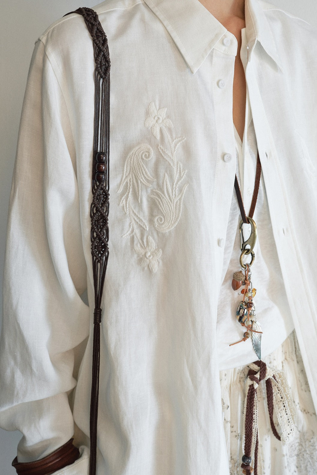 Linen blend relaxed-fit embroidery shirt | 3 color