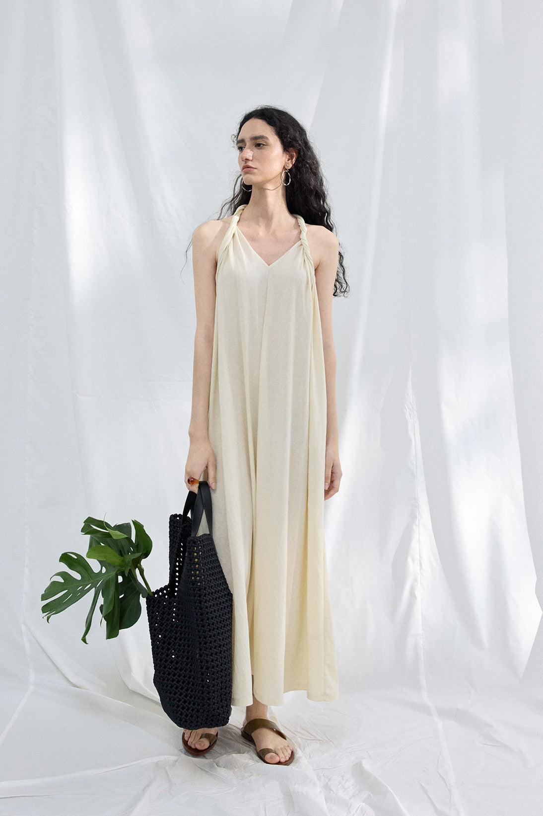 Cotton blend twisted ribbon backless dress | 3 color