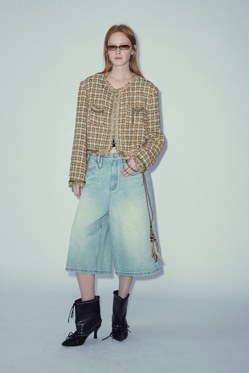 Chaqueta corta de tweed con borde irregular y ribete de cadena | 2 colores