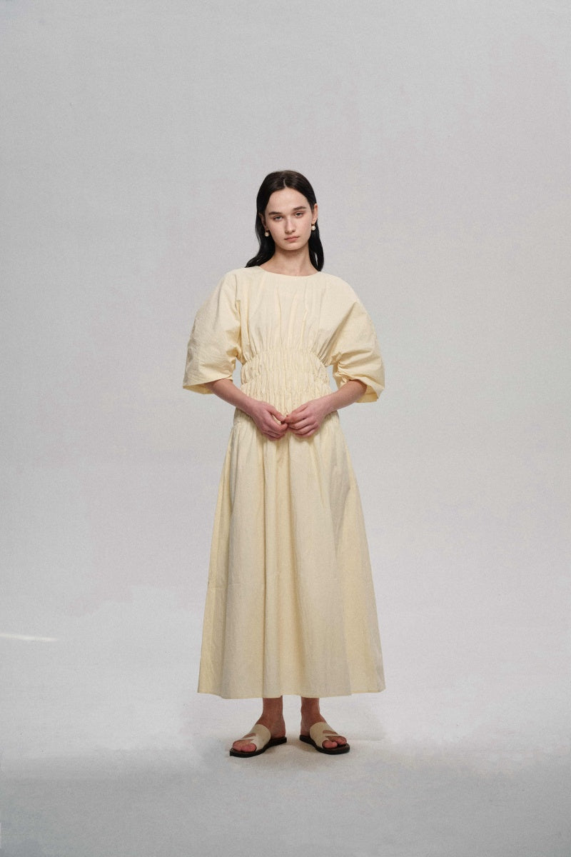 Customizable Pleated waist puff-sleeved dress | 3 color
