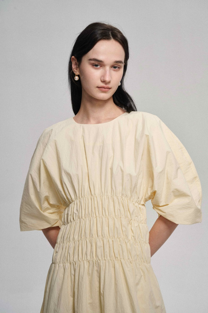 Customizable Pleated waist puff-sleeved dress | 3 color