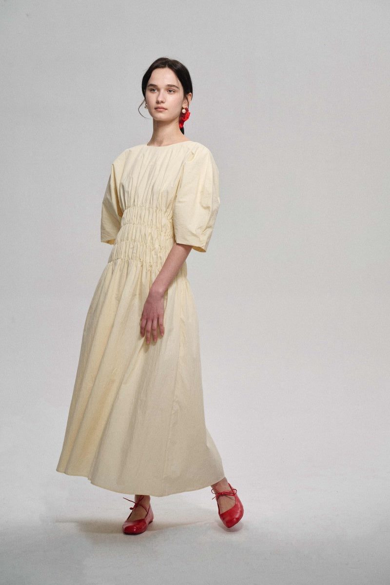 Customizable Pleated waist puff-sleeved dress | 3 color