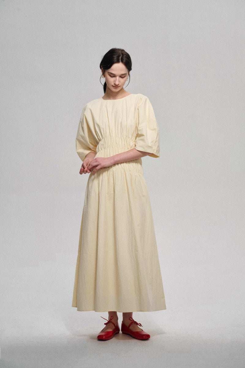 Customizable Pleated waist puff-sleeved dress | 3 color